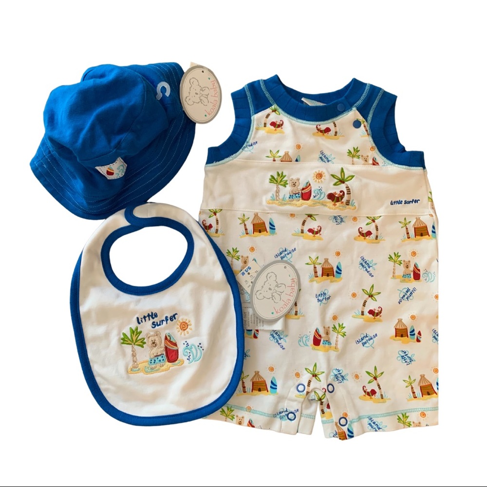 NWT Koala Baby 3-6 Months Little Surfer 3 Piece Set Onepiece, Bucket Hat And Bib